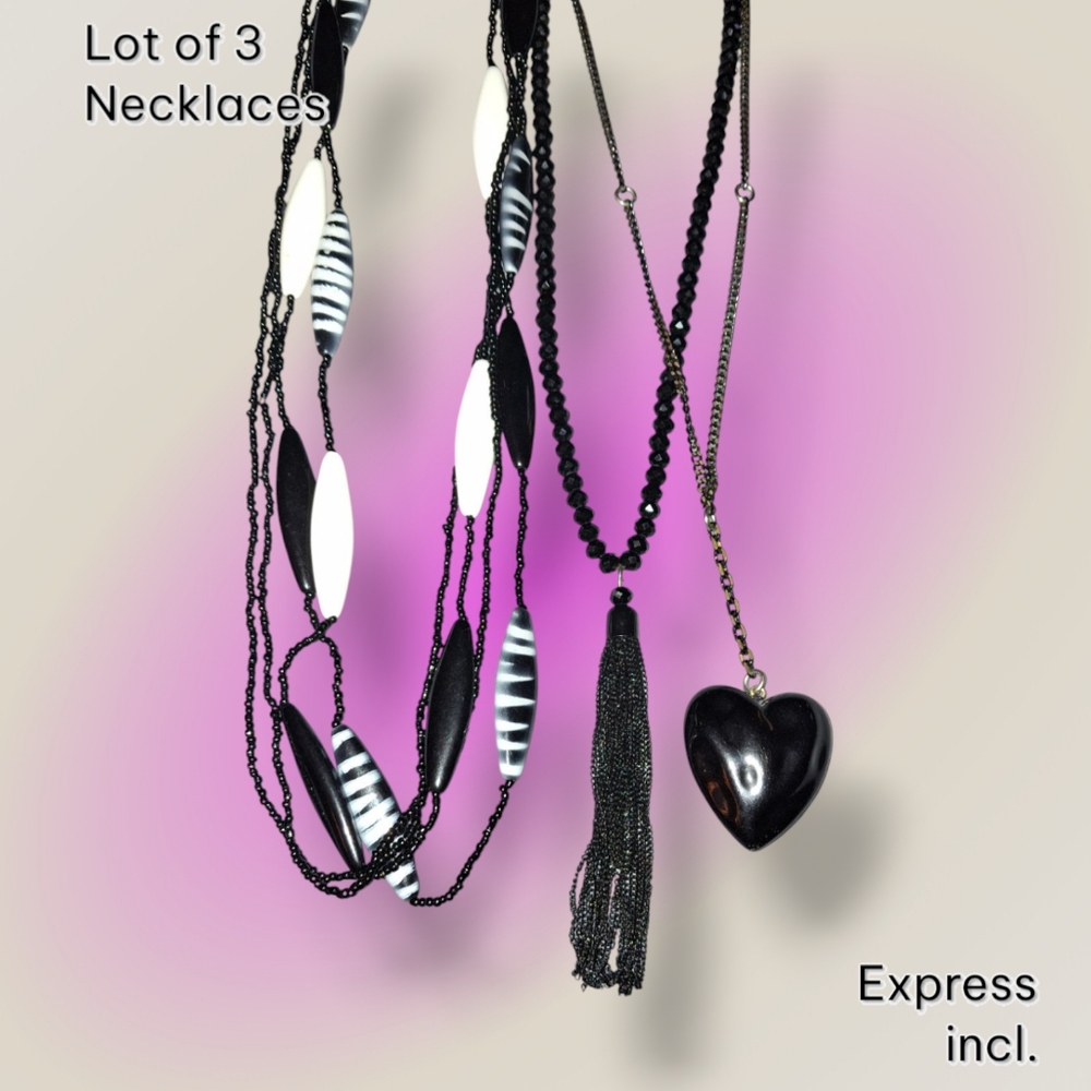 3 Necklaces Black Heart, Chain Tassel, Multistrand Black And White Beads